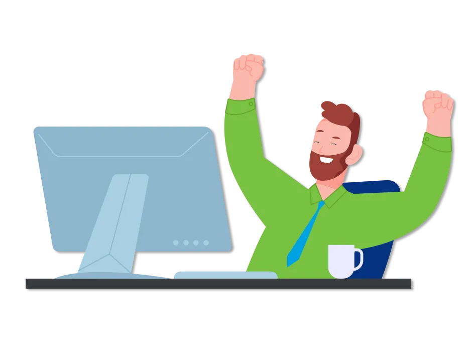 A man celebrating at a computer