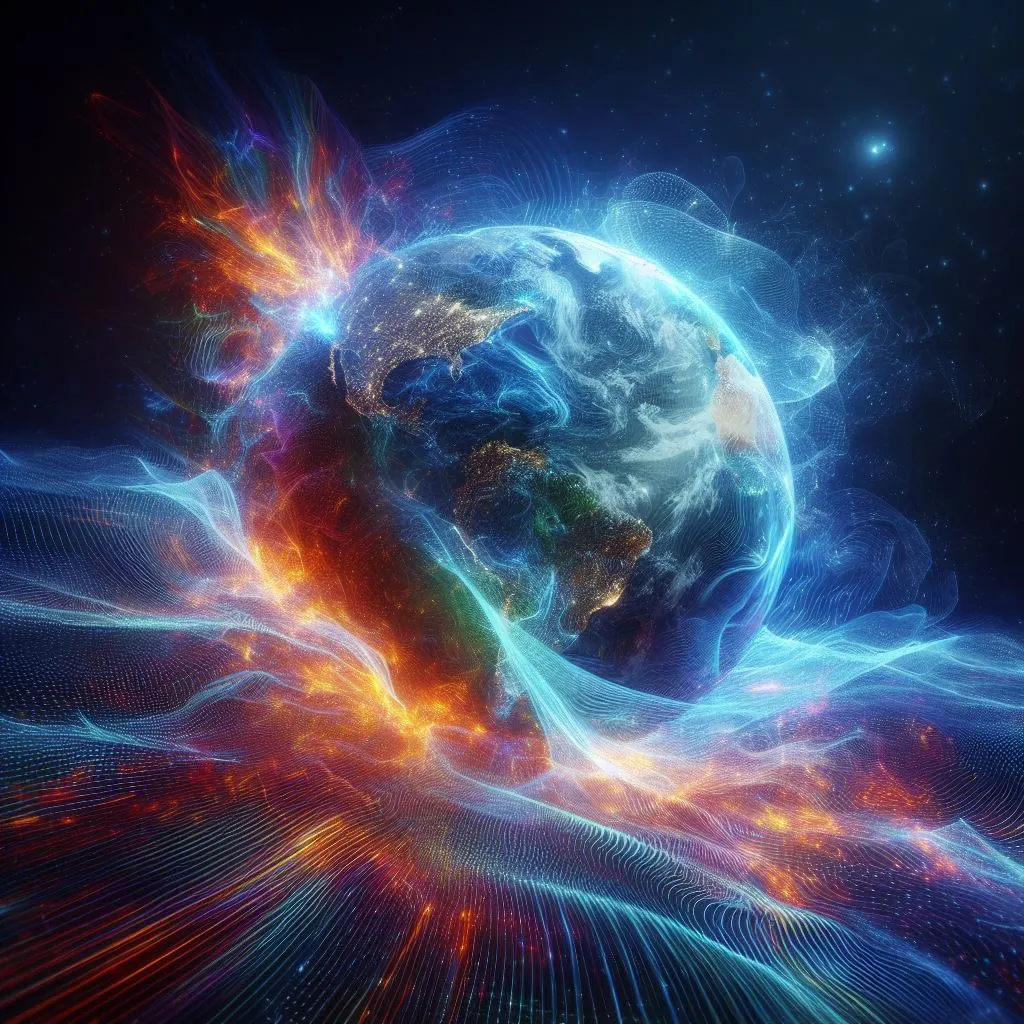 An image of the earth, with waves of blue and orange radiating off it representing cyber data flowing.