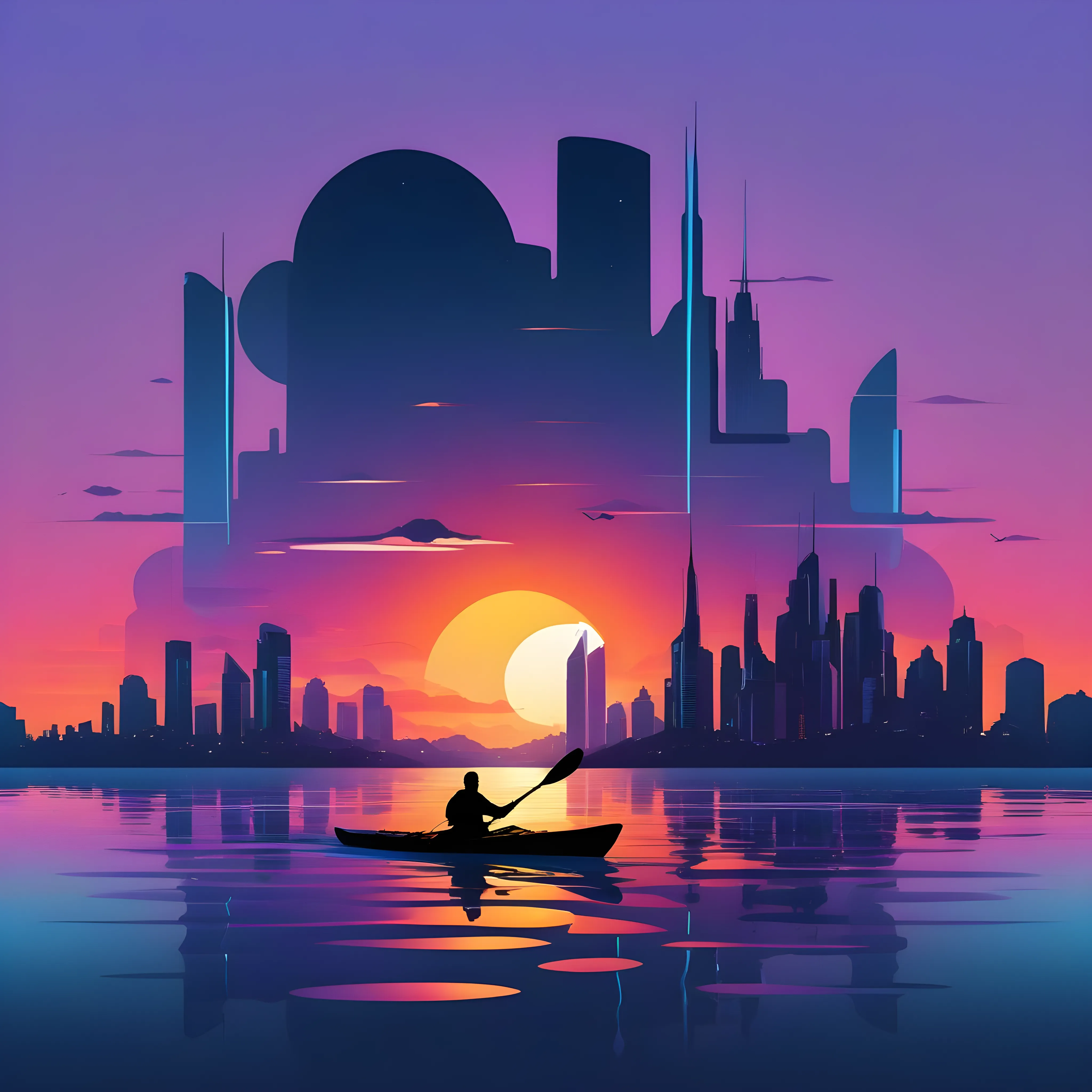 A picture of someone Kayaking on a lake in front of a futuristic city.